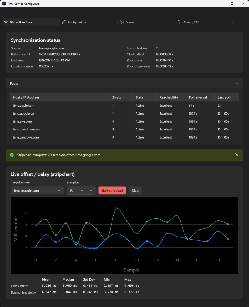 TSC's Windows Time service status tab